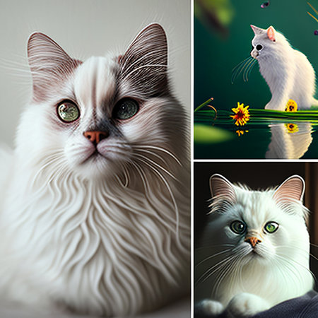 Collage of beautiful white cat with green eyes and long hair.の素材