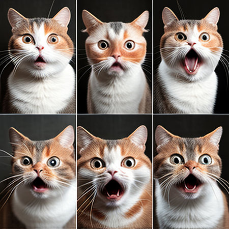 Collage of a cat with different emotions on a dark background.の素材