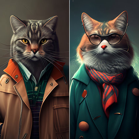 Fashion portrait of a cat in a coat with a bow tie.の素材