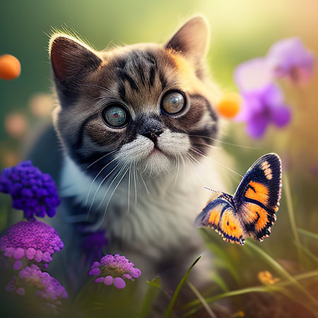Funny kitten with a butterfly in the meadow with flowers.の素材