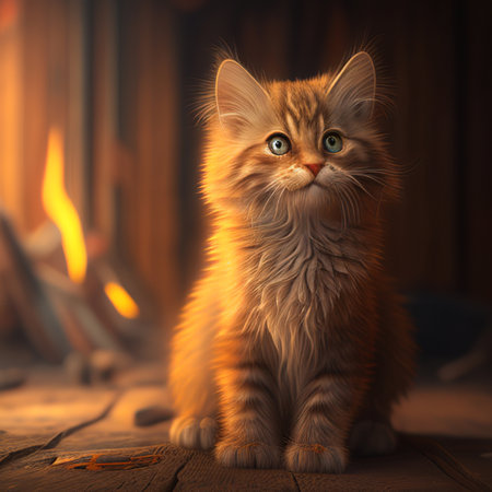 Cute little kitten in front of fireplace. Fluffy pet.の素材