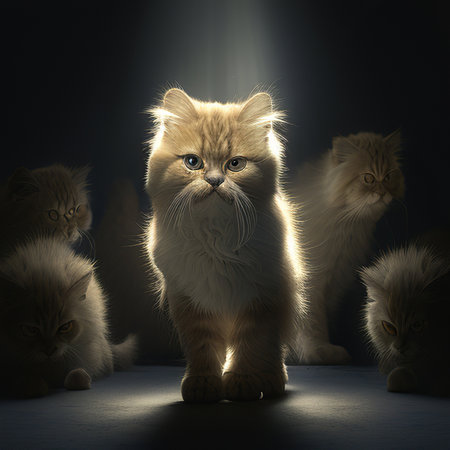 group of kittens in the dark on a dark background, 3d renderの素材