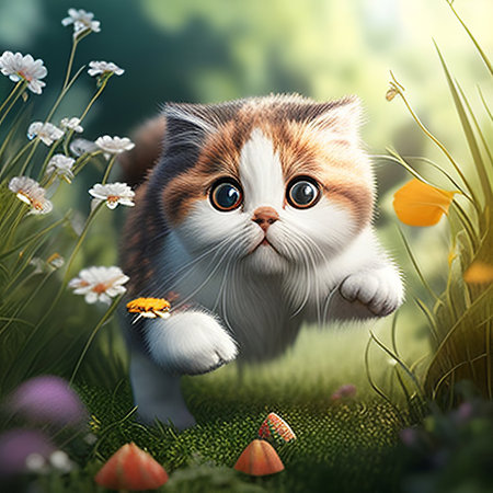 Cute kitten in the meadow with flowers, 3d illustrationの素材