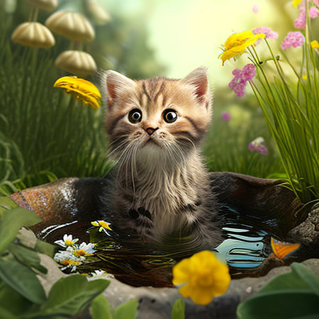 Cute kitten bathes in a spring garden pond with flowers.の素材
