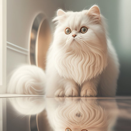 Cute white persian cat sitting on the floor with reflection.の素材