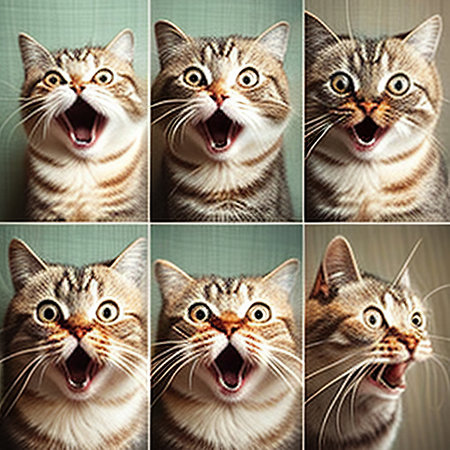 Portrait of a cat with open mouth and wide open mouth.の素材