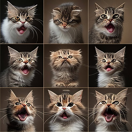 Funny cat with different emotions on a dark background. Collage.の素材