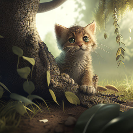 Cute little kitten sitting on a tree in the garden. 3d renderingの素材
