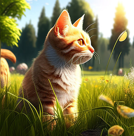 Cute ginger cat in the meadow. 3D illustration.の素材