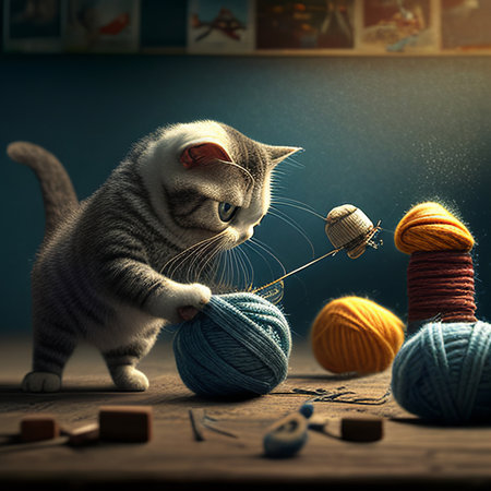 Cute cat playing with balls of yarn and knitting needles. Toned.の素材