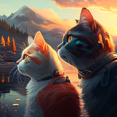 Two cats in the mountains at sunset. Digital painting. 3D illustration.の素材