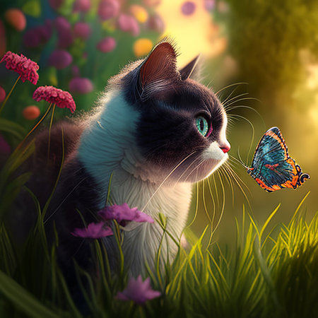 Cat and butterfly in the grass with flowers. 3d illustration.の素材