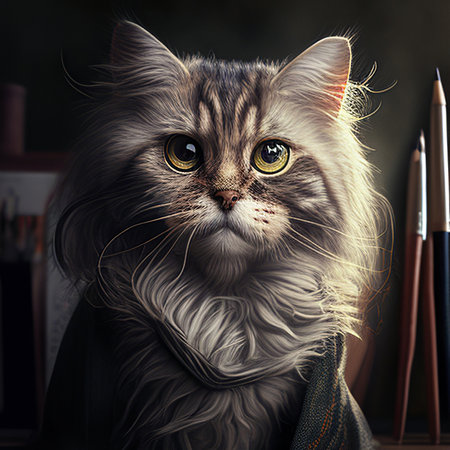 Portrait of a beautiful cat with long hair and a scarf.の素材