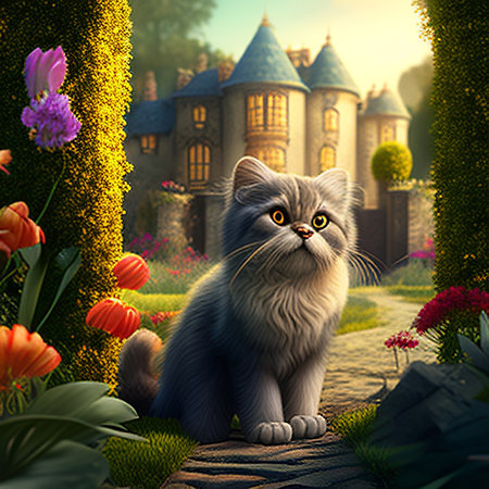Cute cat sitting in front of the castle. 3D renderingの素材