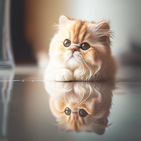 Cute persian cat looking at the camera with reflection on the floorの素材