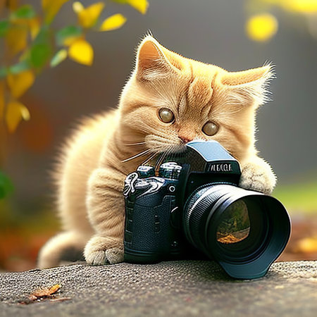 ginger kitten with a camera on a background of autumn leaves.の素材