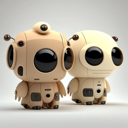 Couple of cute robot on gray background. 3D rendering.の素材