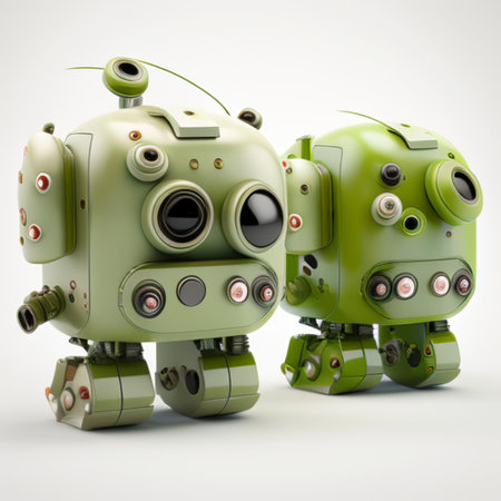 Two green robot toy on a white background. 3d rendering.の素材