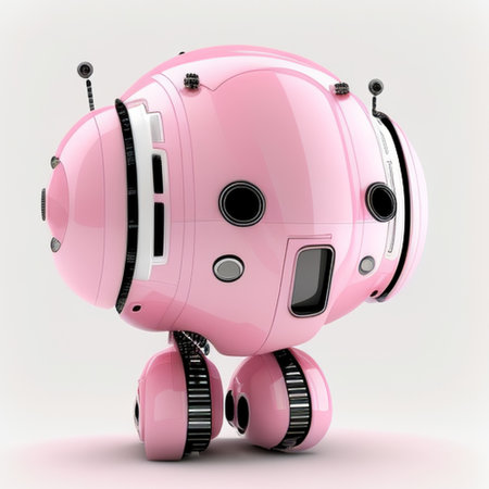 Pink robot isolated on white background. 3d render. Side view.の素材