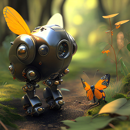 Robot in the forest with a butterfly. 3d render.の素材