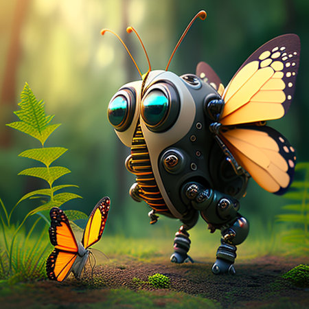 Fantasy alien with butterfly in the forest. 3D illustration.の素材
