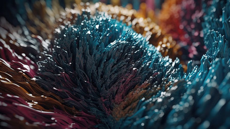 Abstract 3d rendering of chaotic multicolored fractal composition. Bended stripes with bokeh effect.の素材