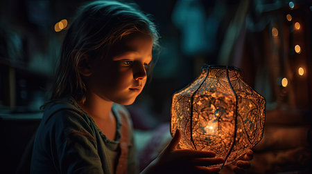 a child playing with a lamp in the middle of the nightの素材