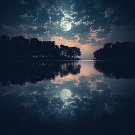 illustration of a night view on a lake with a full moonの素材