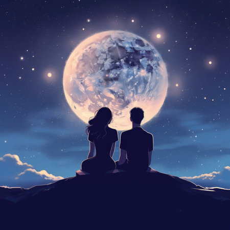 illustration of a couple and a full moon viewの素材