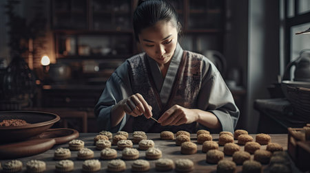 Illustration of a young woman making craftsの素材