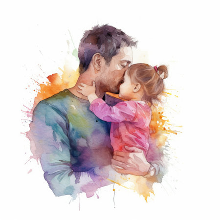 Illustration of a painting of a father and son using colorful watercolors with expressionsの素材