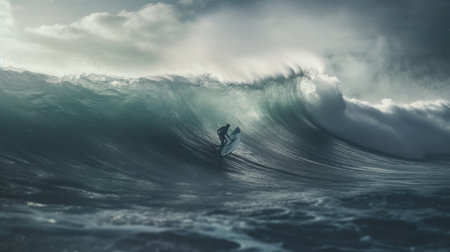 Illustration of a person surfing on a beach with big wavesの素材