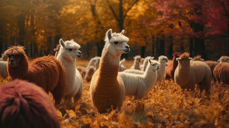Illustration of llamas with their flocks in the forest, wildlifeの素材