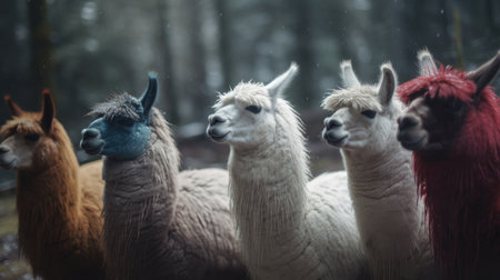 Illustration of llamas with their flocks in the forest, wildlifeの素材