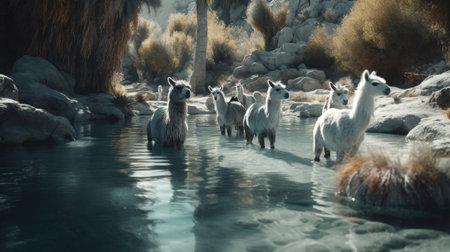 Illustration of llamas with their flocks in the forest, wildlifeの素材