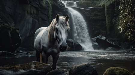 Illustration of a horse relaxing in the wild with other animals in the forest, wildlifeの素材