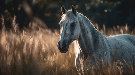 Illustration of a horse relaxing in the wild with other animals in the forest, wildlifeの素材