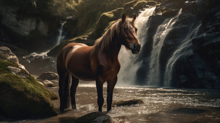 Illustration of a horse relaxing in the wild with other animals in the forest, wildlifeの素材