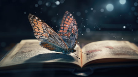 Illustration of a butterfly perched in a book, backgroundの素材