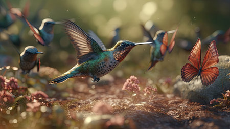 Illustration of a bird that flies and will perch on a beautiful flower, beautiful butterflyの素材