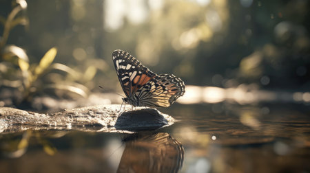 Illustration of a butterfly splashed in river water, beautiful buterflyの素材