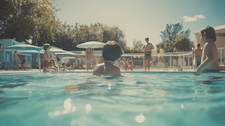 Rear view of a boy swimming in a pool with his friends in the backgroundの素材