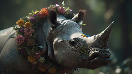 Illustration of a rhinoceros in the middle of the forestの素材