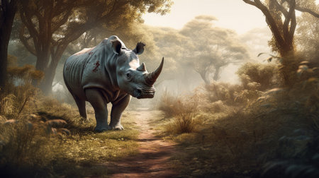 Illustration of a rhinoceros in the middle of the forestの素材