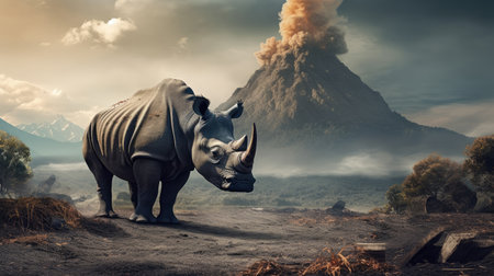 Illustration of a rhinoceros in the middle of the forestの素材