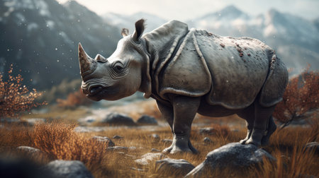 Illustration of a rhinoceros in the middle of the forestの素材