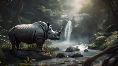 Illustration of a rhinoceros in the middle of the forestの素材