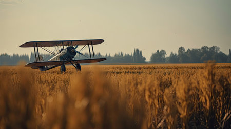 Old biplane flying in the field of wheat. Vintage style.の素材