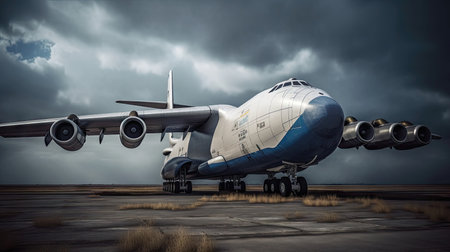 3D rendering of a cargo aircraft on an airport runway with stormy skyの素材