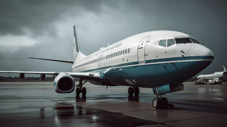 Airplane in the rain on the tarmac of the airport.の素材